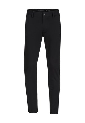 Black trousers with a slim fit design, made from a smooth cotton blend fabric. Features a button closure and pockets.