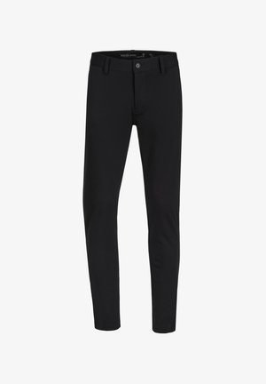 Fekete nadrág, slim fit szabással, sima pamut keverék anyagból készült. Gombos záródással és zsebekkel rendelkezik.