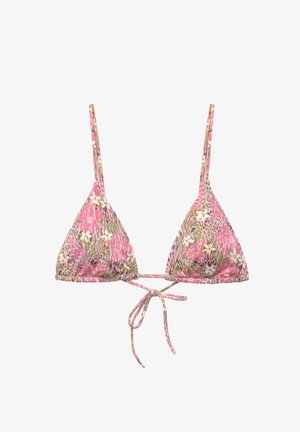 Haut de bikini triangle rose avec motifs verts et floraux. Présente des bretelles fines et un système de fermeture à nouer dans le dos. Fabriqué en tissu léger.