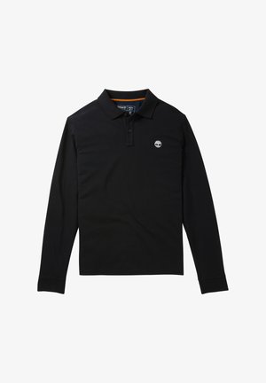 Polo à manches longues noir en coton lisse, avec un col et un petit logo blanc sur la poitrine gauche. Coupe classique, sans motifs.
