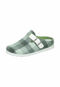 Green and grey plaid felt slip-on shoe with a white buckle and textured sole, featuring a rounded toe and plush interior.