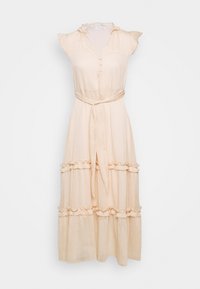 Světlé béžové šaty s vertikálními pruhy, volánovými rukávy, knoflíkovým zapínáním, uvázaným pasem a s řasenými volány na lemu.