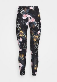 Legginsy w kwiaty w kolorze czarnym, z wyrazistym wzorem kwiatowym z różowymi, żółtymi i zielonymi akcentami. Wykonane z miękkiego, elastycznego materiału.