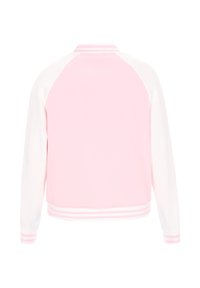 Lyserød og hvid bomberjakke med afslappet pasform, raglanærmer, stribede ribkanter og glat tekstur.