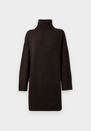 Ciemnobrązowy sweter z golfem, wykonany z miękkiego materiału dzianinowego. Posiada luźne, długie rękawy oraz ściągacze na mankietach i u dołu, co dodaje mu faktury.