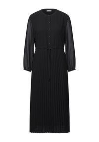 Schwarzes, plissiertes Kleid mit rundem Kragen, Knopfverschluss und langen, transparenten Ärmeln. Verfügt über einen Kordelzug in der Taille und eine glatte Textur.
