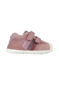 Sneaker per bambini rosa con due fasce in velcro, texture miste in pelle e camoscio, dettagli glitterati e suola in gomma bianca.