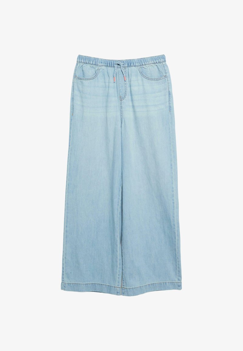 Hellblaue Jeans mit weitem Bein, elastischem Bund und Kordelzug, Vordertaschen und Ziernähten.