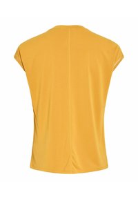 T-shirt jaune à manches courtes avec détail en dentelle sur les bords des manches, couture centrale visible au dos, design sobre et col rond.