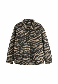 Zebra-mønstret jakke lavet af blødt, plyssestof. Har kravehals, frontknapper og to sidelommer. Farverne inkluderer creme, sort og brun.