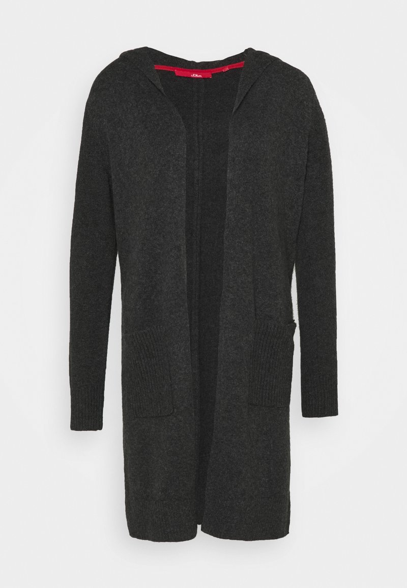 Cardigan long en maille gris foncé, ouvert à l'avant, à manches longues, avec deux poches avant et une capuche.