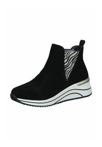 Bottines en suède noir avec un panneau latéral élastique à motif zèbre texturé et une semelle en caoutchouc superposée blanche et noire.
