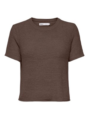 Top corto marrone a maniche corte in maglia con collo rotondo e tessuto strutturato, con etichetta del marchio ONLY all'interno del colletto.