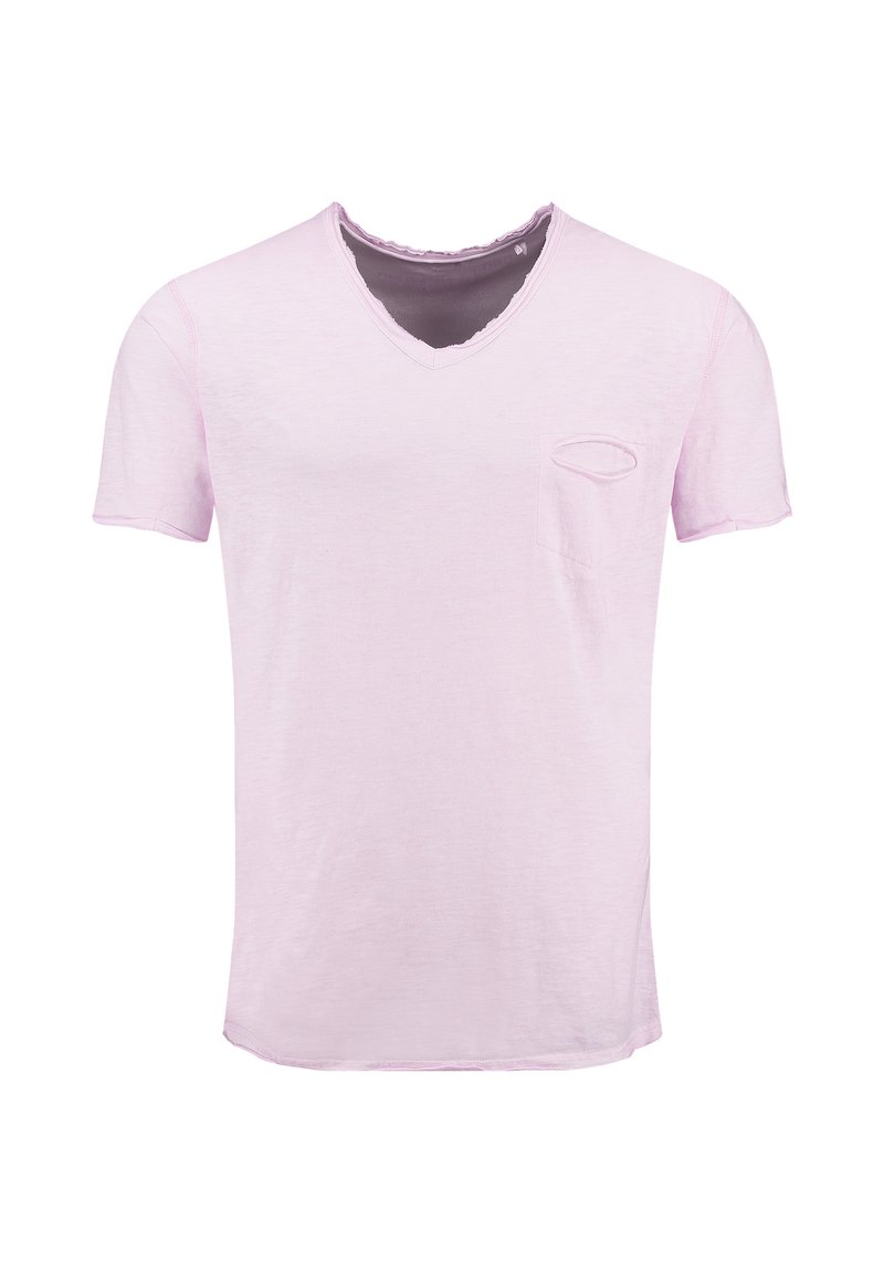 Camiseta de manga corta de pico en color rosa claro, hecha de una tela suave, con dobladillo curvado y un único bolsillo en el pecho. Acabado texturizado con un ligero deshilachado en el cuello.