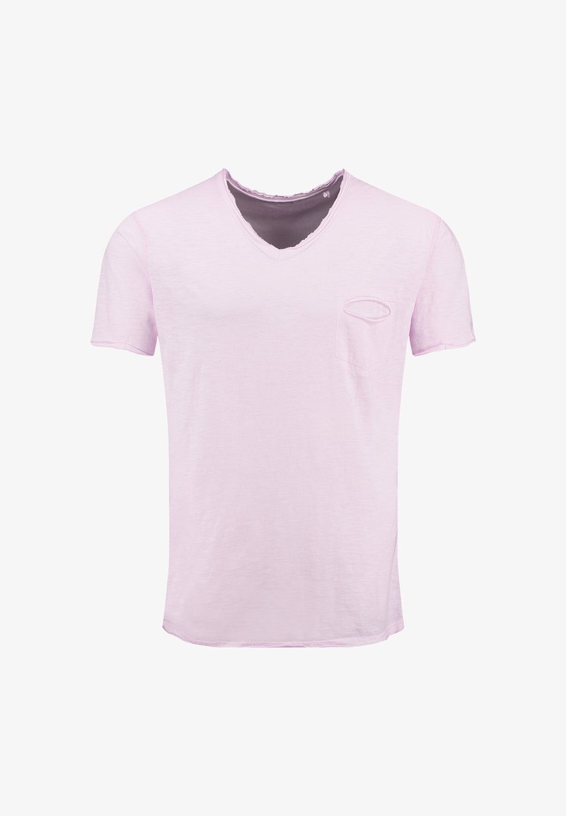 Camiseta de manga corta de pico en color rosa claro, hecha de una tela suave, con dobladillo curvado y un único bolsillo en el pecho. Acabado texturizado con un ligero deshilachado en el cuello.