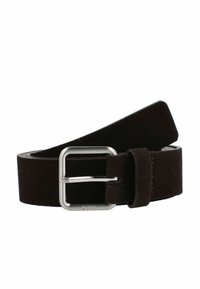 Cintura in suede nera con fibbia rettangolare in argento, impresso con il logo "BOSS", e un passante per cintura coordinato in nero.