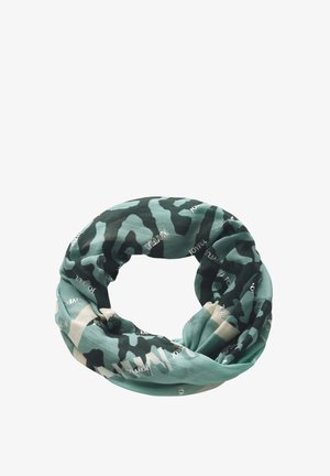 Grön och beige camouflagemönstrad scarf i lätt tyg, med ordet "glad" tryckt i vitt över hela. Infinitystil.