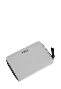 Gray fabric wallet with a zip closure, featuring black accents and the brand name "VUCH" printed in black. Rectangular shape with textured surface.