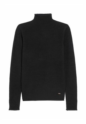 Czarny sweter z golfem wykonany z miękkiego dzianiny, z długimi r ękawami, prążkowanym kołnierzem i dołem, z małym logo w prawym dolnym rogu.