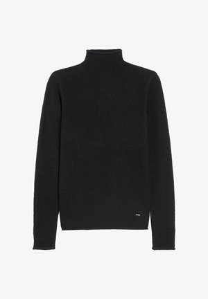 Czarny sweter z golfem wykonany z miękkiego dzianiny, z długimi rękawami, prążkowanym kołnierzem i dołem, z małym logo w prawym dolnym rogu.