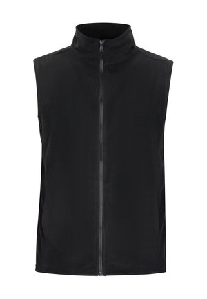 Crni flis prsluk s visokim ovratnikom, prednjim patentnim zatvaračem, bez rukava i glatkom teksturom, idealan za slojevitost u hladnijim uvjetima.