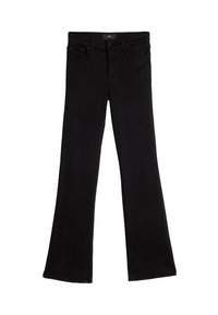 Czarne dzwony jeansowe z klasycznym, pięciokieszeniowym designem, wykonane z denimu; posiadają zapięcie na guzik i suwak w pasie.