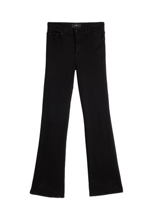 Czarne dzwony jeansowe z klasycznym, pięciokieszeniowym designem, wykonane z denimu; posiadają zapięcie na guzik i suwak w pasie.