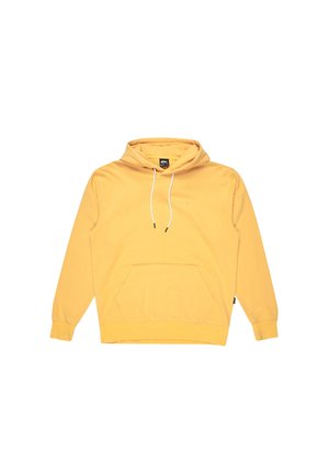 Žltá mikina s kapucňou vyrobená z mäkkej látky, s predným kangaroo vreckom, bielymi šnúrkami a rebrovanými manžetami. Minimálny logotyp na hrudi.