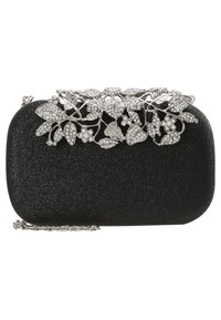 Svart rektangulär clutch med glittrig textur, prydd med silverfärgade juveler i form av blommor och löv på det övre låset och en silverkedja som axelrem.