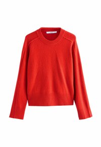 Roter Wollpullover mit Rundhalsausschnitt, gerippten Bündchen und Saum. Besitzt eine weiche Textur und einen leicht lockeren Schnitt, ideal zum Schichten.