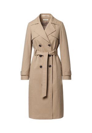 Beżowy dwurzędowy płaszcz trencz z paskiem, szerokimi klapami, zapinanymi na guziki mankietami oraz sześcioma ciemnymi guzikami z przodu.