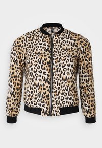 Leopard print bomber jacket in tan, black, and cream with a zip front, ribbed cuffs, and hem. Soft fabric with a smooth texture.