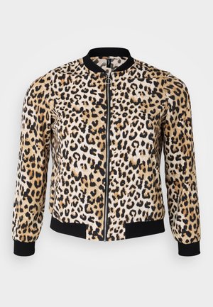 Bomberjacke mit Leopardenmuster in Beige, Schwarz und Creme mit Reißverschluss vorne, gerippten Bündchen und Saum. Weicher Stoff mit glatter Textur.