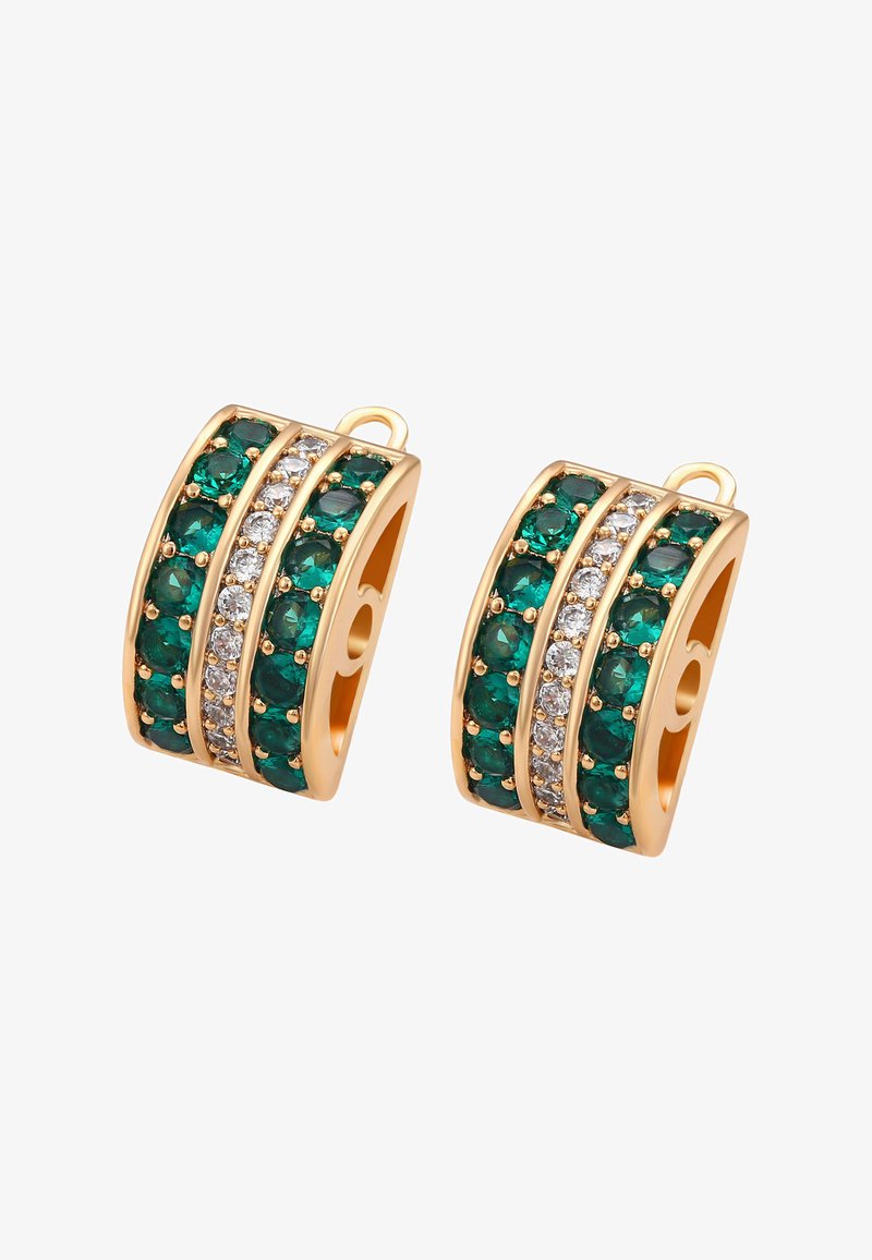 Zlaté kruhové náušnice s dvoma radmi smaragdovo zelených kameňov a jedným radom čírych kryštálov, s hladkým lešteným povrchom.
