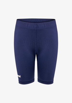 Marineblaue Badeshorts aus Stretchstoff, mit einem schlichten Design, glatter Textur und elastischem Bund, geeignet für Wasseraktivitäten.