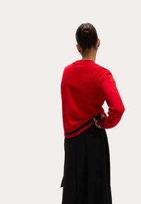 Maglione rosso con orlo a coste, decorato con strisce blu marine e rosse; indossato con una gonna nera. Il maglione ha maniche lunghe e un classico collo a girocollo.