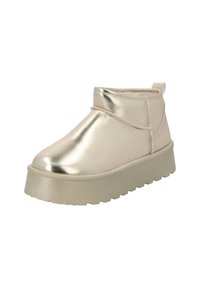 Botines metálicos dorados con suela de goma gruesa, superficie lisa, puntera redondeada y una lengüeta en la parte posterior para ponerlos con facilidad.