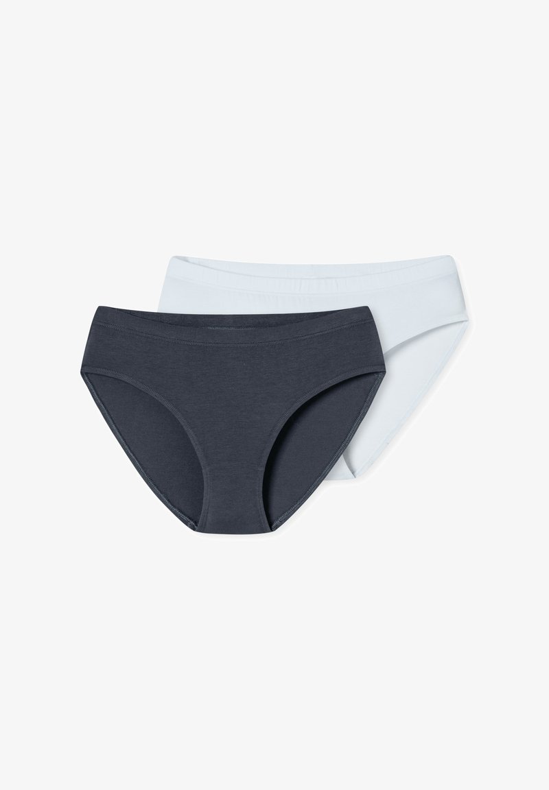 Deux paires de sous-vêtements courts : une bleue marine, une bleue clair. Fabriquées en coton doux, elles présentent une ceinture lisse et une coupe classique.