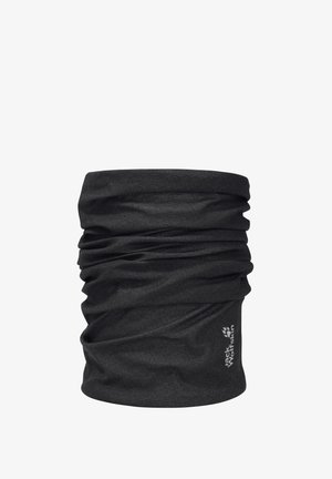 Tour de cou multifonction noir avec une texture subtile et un petit logo blanc Jack Wolfskin sur le côté inférieur.