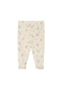 Helle cremefarbene Leggings aus weichem Stoff mit einem Eichhörnchenmuster. Sie verfügen über einen elastischen Bund und schmal zulaufende Beine.