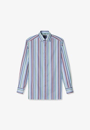 Herren Langarmhemd mit mehrfarbigen vertikalen Streifen in Blau, Grün, Rot und Weiß. Mit Button-Down-Kragen und Knopfleiste.