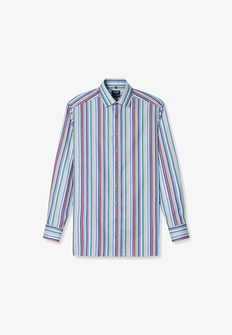 Herren Langarmhemd mit mehrfarbigen vertikalen Streifen in Blau, Grün, Rot und Weiß. Mit Button-Down-Kragen und Knopfleiste.