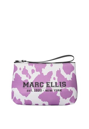 Piccola borsetta da polso con motivo astratto viola e bianco e cerniera nera, stampata con testo "MARC ELLIS EST. 1920 - NEW YORK".