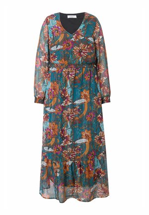 Květinové maxi šaty z průsvitné tyrkysové látky s dlouhými rukávy, výstřihem do V a elastickým pasem. Obsahují živé vzory květin v oranžové, růžové a bílé barvě.