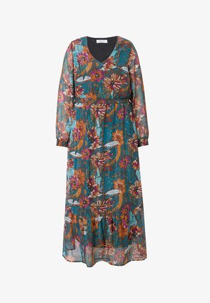 Bloemenmaxi-jurk van doorschijnende teal stof met lange mouwen, V-hals en een elastische taille. Kenmerkt zich door levendige patronen van oranje, roze en witte bloemen.