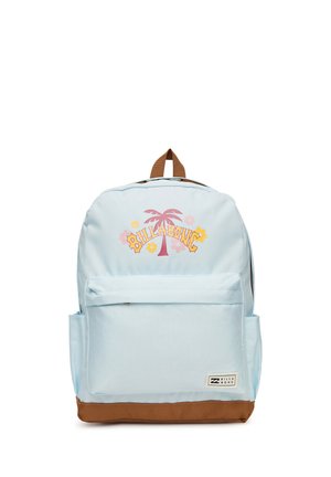 Zaino Billabong azzurro chiaro con base marrone, tasca frontale con zip, tasche laterali e grafica di palma con fiori e nome del marchio sul davanti.
