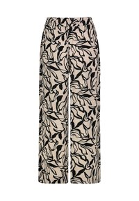 Wide-leg trousers in a lightweight, beige fabric, featuring a black leaf pattern, elastic waistband, and a smooth texture.