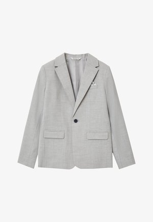 Blazer grigio chiaro in tessuto strutturato, con rever a incavo, due tasche frontali e chiusura con un solo bottone. Interno foderato con tasca accentata.