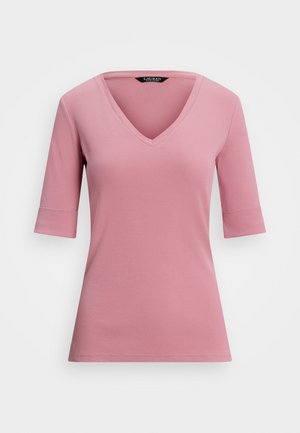 V-neck pink T-shirt with short sleeves, made from soft fabric, featuring a slightly fitted design and rolled cuffed sleeves.