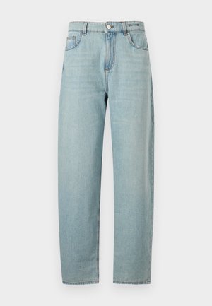 Ελαφρώς μπλε τζιν παντελόνι ίσιας γραμμής με μπροστινές τσέπες, θηλιές για ζώνη και κλείσιμο με κουμπί.